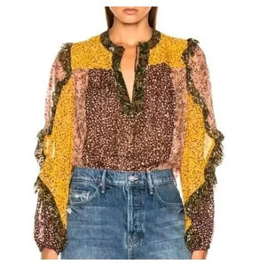 Ulla Johnson Norma Blouse Women's Multicolor Sheer Floral Patchwork Ruffle Boho